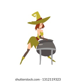 Beautiful Witch with Cauldron of Potion, Charming Witch Character Vector Illustration