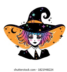 beautiful witch in a classic hat and colored hair