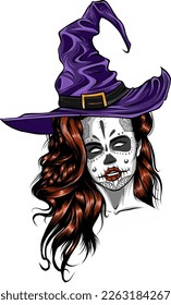 beautiful witch in a classic hat and coloured hair