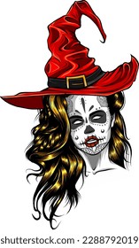 beautiful witch in a classic hat and coloured hair. vector illustration on white background