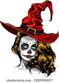 beautiful witch in a classic hat and coloured hair vector illustration design