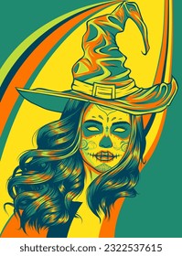 beautiful witch in a classic hat and coloured hair