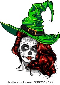 beautiful witch in a classic hat and coloured hair vector illustration