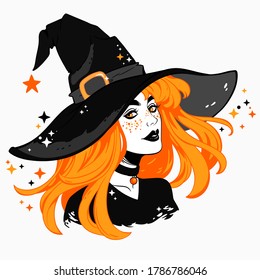 beautiful witch in a classic hat and flowing hair