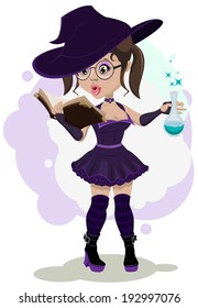 Beautiful witch cooks a potion. Illustration in vector format