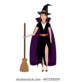 Beautiful witch costume with broomstick and hat cartoon, vector illustration.