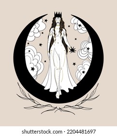 A beautiful witch in a crown stands on a black crescent. Linear sketch, fantasy female character, vector illustration for halloween, fairy tales.