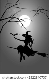 Beautiful witch flies on a broom. Night. Moonlight. Web. Vector.