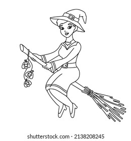 A beautiful witch flies on a broomstick. Coloring book page for kids. Cartoon style character. Vector illustration isolated on white background. Halloween theme.