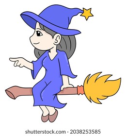 beautiful witch flies on magic broomstick, vector illustration art. doodle icon image kawaii.