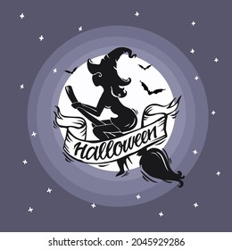 Beautiful witch is flying against the background of a full moon. Festive Halloween background. Vector illustration.