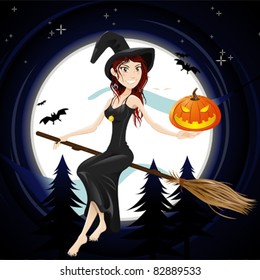 Beautiful Witch Flying At Night With Her Broom Stick Celebrating Halloween