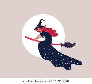 A beautiful witch flying on a broom in front of the moon. Cute vector illustration on Halloween.