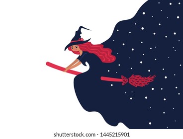 A beautiful witch flying on a broom and making starry night. Cute vector illustration on Halloween.