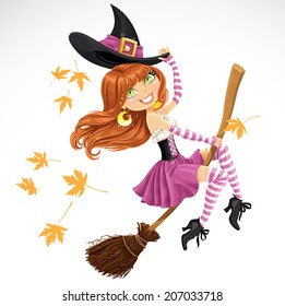 Beautiful witch flying on a broomstick isolated on white background