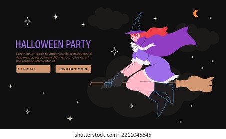 Hermosa bruja volando sobre el palo de herradura en el cielo nocturno. El personaje de la caricatura de Halloween usa sombrero y disfraz de mago. Concepto creativo para pancartas, medios sociales o banner de sitio web, invitación de partido o afiche