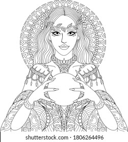 Beautiful witch or fortune teller holding crystal ball, Halloween theme for design element and coloring pages. Vector illustration