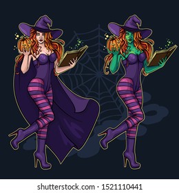 Beautiful witch in full body with a magic book and a pumpkin for Halloween