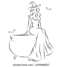 A Beautiful Witch Girl In A Long Dress And A Witch Hat Is Sitting On A Cauldron Sketch Drawing 