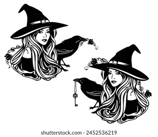 beautiful witch girl with long hair wearing traditional hat and her pet raven bird holding rose flower and key - halloween sorceress costume black and white handdrawn vector portrait