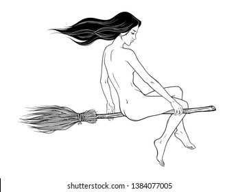 Beautiful witch girl riding broom hand drawn line art vector illustration. Boho chic tattoo, poster, tapestry or altar veil print design vector illustration