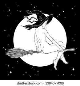 Beautiful witch girl riding broom hand drawn line art vector illustration. Boho chic tattoo, poster, tapestry or altar veil print design vector illustration