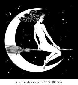 Beautiful witch girl riding broom hand drawn line art vector illustration. Boho chic tattoo, poster, tapestry or altar veil print design vector illustration