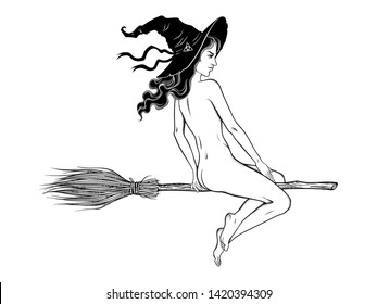 Beautiful witch girl riding broom hand drawn line art vector illustration. Boho chic tattoo, poster, tapestry or altar veil print design vector illustration