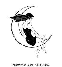 Beautiful witch girl sitting on the moon hand drawn line art vector illustration. Boho chic tattoo, poster, tapestry or altar veil print design vector illustration