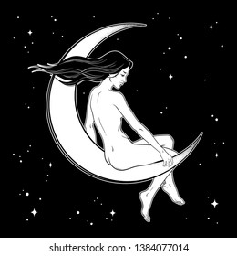 Beautiful witch girl girl sitting on the moon hand drawn line art vector illustration. Boho chic tattoo, poster, tapestry or altar veil print design vector illustration