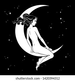 Beautiful witch girl girl sitting on the moon hand drawn line art vector illustration. Boho chic tattoo, poster, tapestry or altar veil print design vector illustration