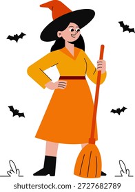 A beautiful witch gracefully holding a flying broomstick against a moonlit sky.