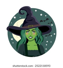 beautiful witch with green skin smiling, vector illustration for halloween.