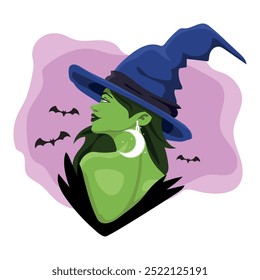 beautiful witch with green skin, vector illustration for tattoo or print of a mystical creature. vector illustration.