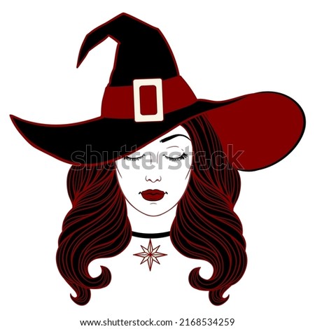 Beautiful witch in hat, halloween vector linen illustration. 
Face of a beautiful young girl with long wavy hair on the white background.