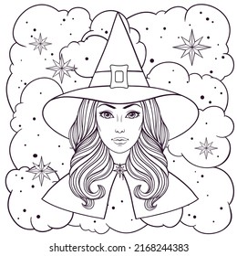 Hermosa bruja en sombrero, vectorial vintage de halloween ilustración de lino blanco y negro. 
Cara de una bella joven con el pelo largo ondulado en el sombrero de fondo blanco.