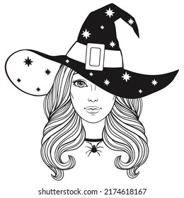 Beautiful witch in hat, vintage halloween vector black and white linen illustration. 
Face of a beautiful young girl with long wavy hair in hat on the white background.