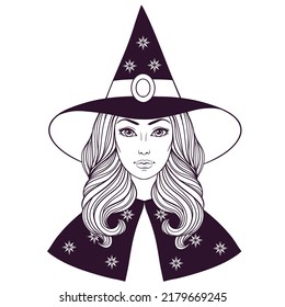 Beautiful witch in hat, vintage halloween vector black and white linen illustration. 
Face of a beautiful young girl with long wavy hair in hat on the white background.