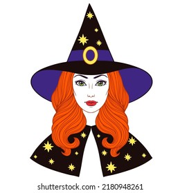 Beautiful witch in hat, vintage halloween vector linen illustration. 
Face of a beautiful young girl with long wavy hair in hat on the white background.