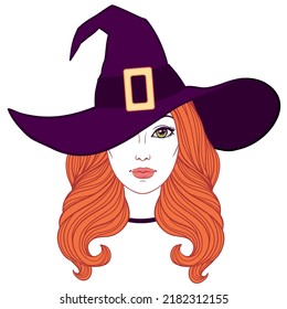 Beautiful witch in hat, vintage halloween vector linen illustration. 
Face of a beautiful young girl with long wavy hair in hat on the white background.