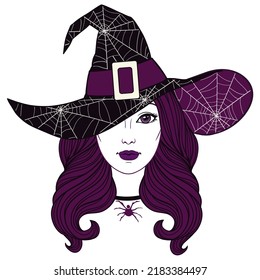 Beautiful witch in hat, vintage halloween vector linen illustration. 
Face of a beautiful young girl with long wavy hair in hat on the white background.