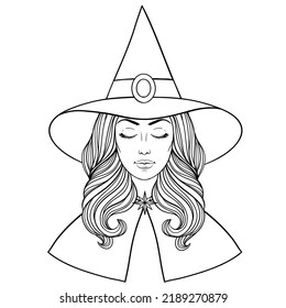 Beautiful witch in hat, vintage halloween vector black and white linen illustration. 
Face of a beautiful young girl with long wavy hair in hat on the white background.