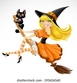 Beautiful witch and her black cat familiar flying on a broomstick  isolated on white background