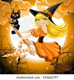 Beautiful witch and her black cat familiar flying on a broomstick on Halloween sky