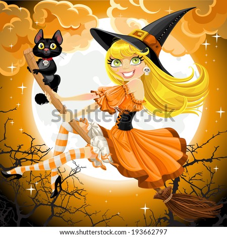 Beautiful witch and her black cat familiar flying on a broomstick on Halloween sky
