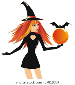 The beautiful witch holds a sphere with a bat.