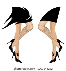 beautiful witch legs with spider web - halloween costume vector design set