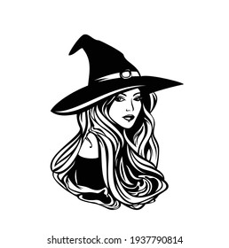 beautiful witch with long hair wearing traditional hat - halloween sorceress costume black and white vector portrait