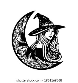 beautiful witch with long hair wearing traditional hat and crescent moon - astrologer sorceress black and white vector portrait