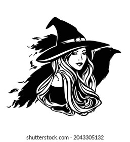 beautiful witch with long hair wearing traditional hat and her pet raven bird - halloween sorceress costume black and white vector portrait